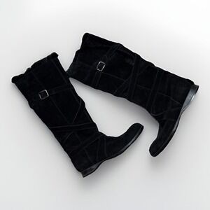 HOGAN $925 Italy Boots Suede Leather Black Solid Real Fur Trim Strappy US Sz 9.5